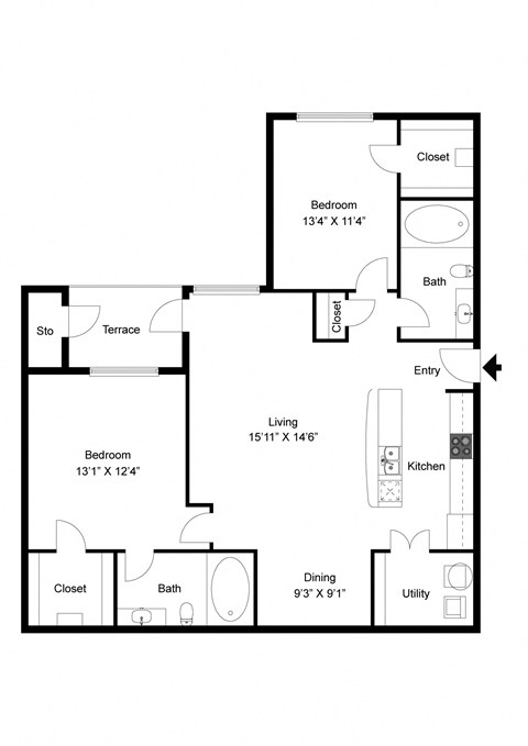 Floor plan for 2 beds, 2 baths, 1070 sqft